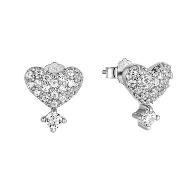 Καρφωτά σκουλαρίκια καρδιές με λευκές πέτρες ζιργκόν από επιπλατινωμένο ασήμι 925.