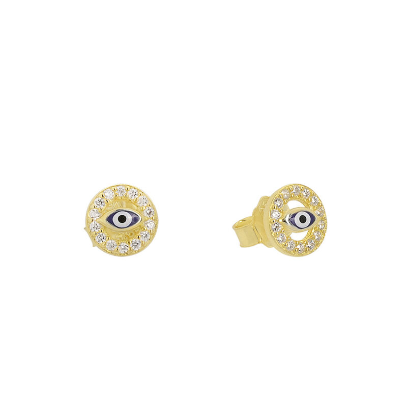 Καρφωτά σκουλαρίκια ματάκια με λευκές πέτρες ζιργκόν από επιχρυσωμένο ασήμι 925.