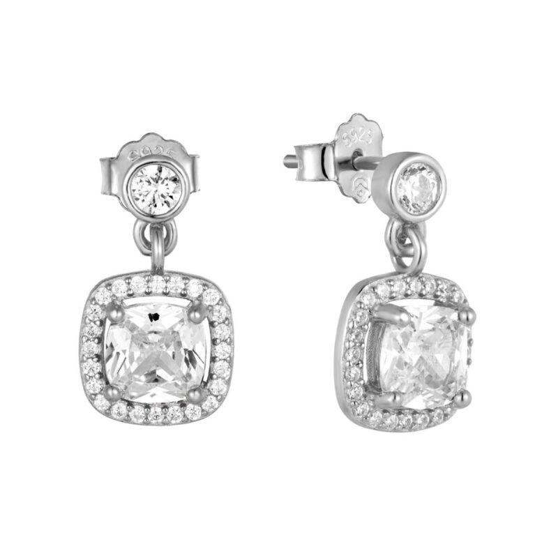 Καρφωτά σκουλαρίκια με κρεμαστές τετράγωνες ροζέτες με λευκές πέτρες από επιπλατινωμένο ασήμι 925.
