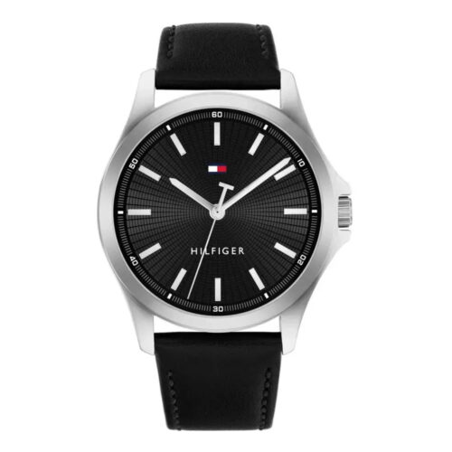 TOMMY HILFIGER Bruce Black Dial 43mm Silver Stainless Steel Black Leather Strap 1710668